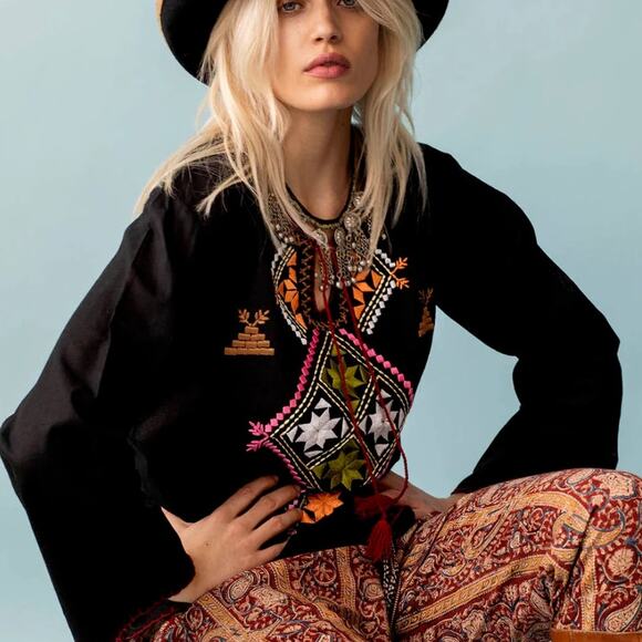 Alix of Bohemia Black Embroidered Tunic Top Blouse Native Western Southwest - Picture 1 of 9
